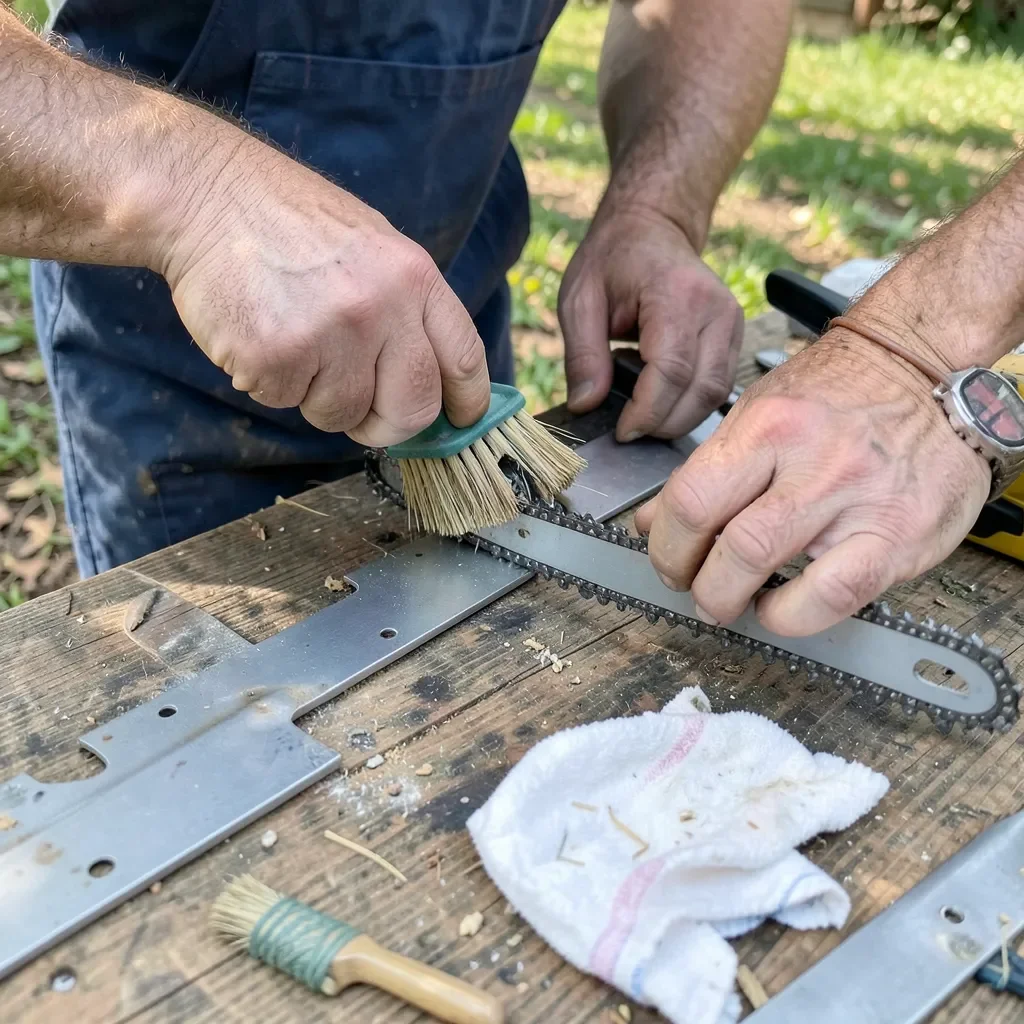 Person cleaning a chainsaw chain and guide bar on a workbench