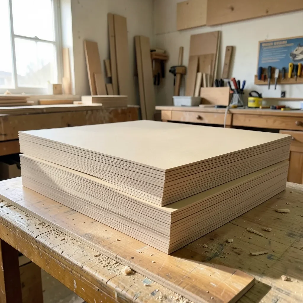 stacked MDF fiberboard sheets in a woodworking shop