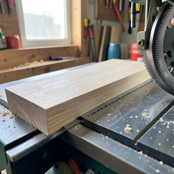 wood board set against a table saw miter gauge for an angled cut