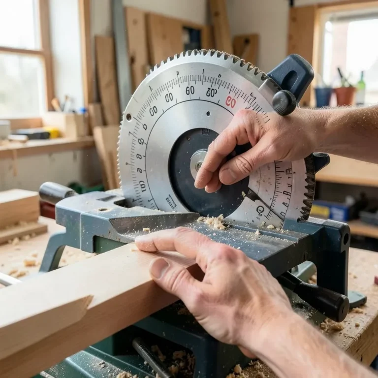 hand adjusting the angle scale on a miter saw before making a cut