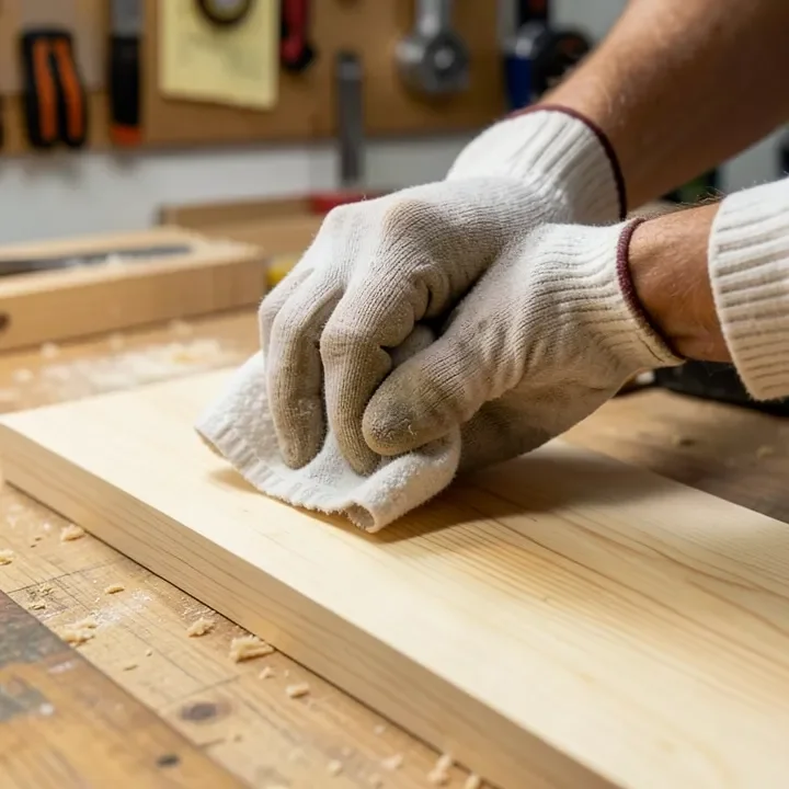 Wiping pre-stain wood conditioner onto a poplar board before staining