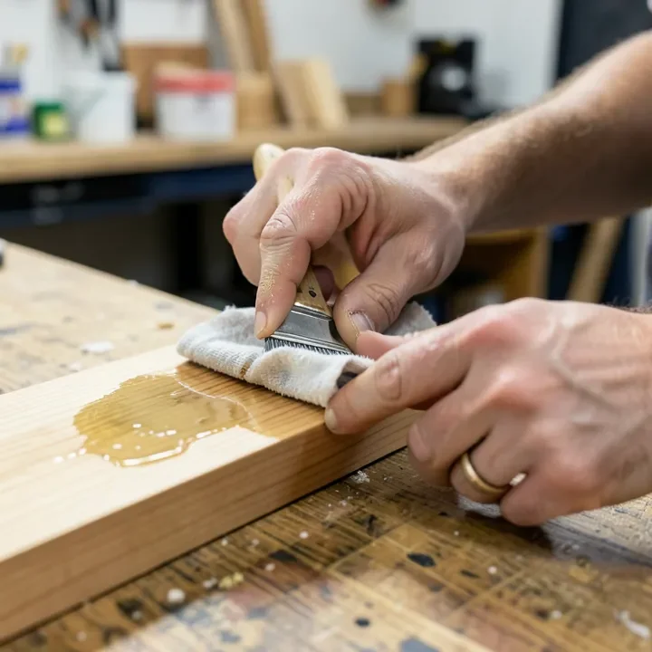 Applying gel stain to a wood board with a rag, wiping with the grain