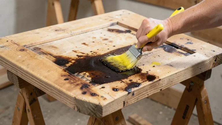 Applying citrus-based stripping gel to a wood door on sawhorses