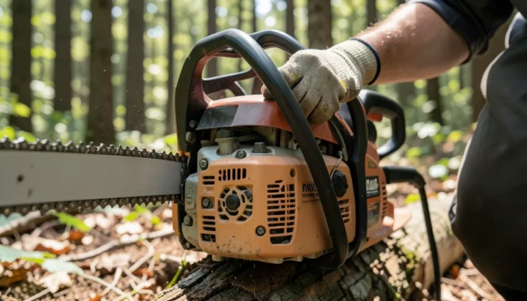 Person troubleshooting a Husqvarna chainsaw that will not start, pulling the starter cord outdoors