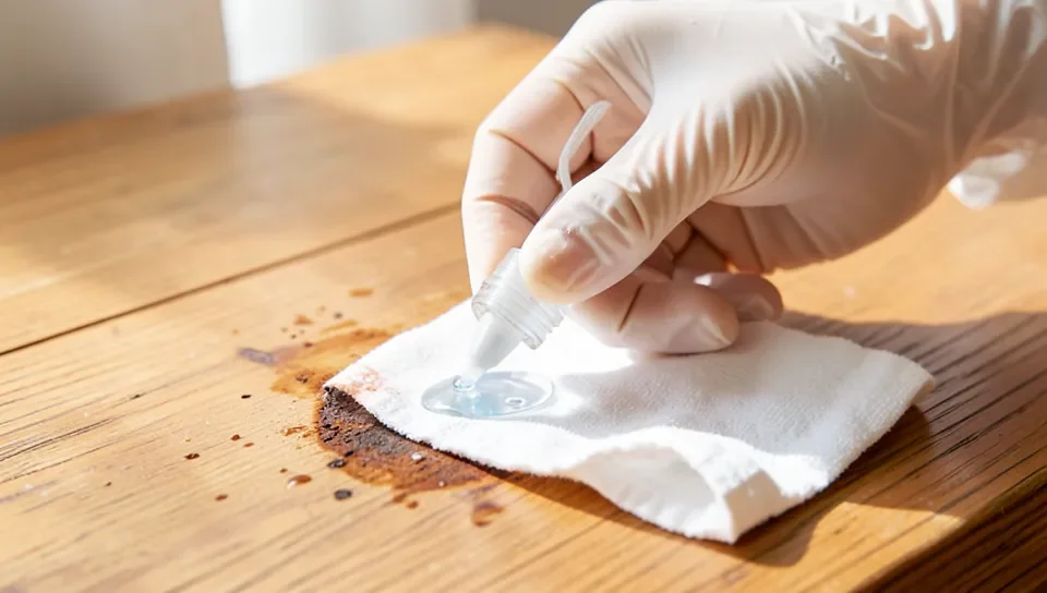 Applying hydrogen peroxide to a stubborn wood stain