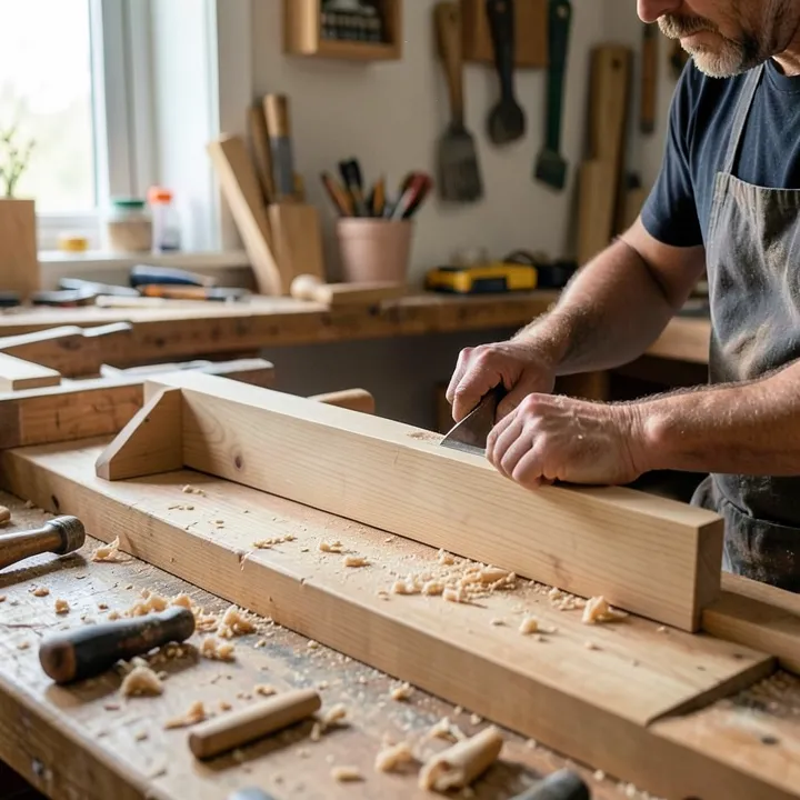 Woodworker planing a wooden plank by hand in a home workshop Woodworker planing a wooden plank by hand in a home workshop