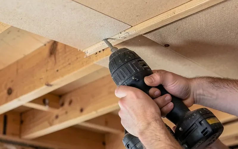 Hands using a cordless drill to screw an MDF ceiling panel into wooden joists Hands using a cordless drill to screw an MDF ceiling panel into wooden joists