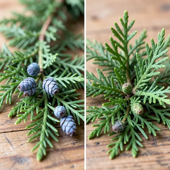close-up comparison of juniper foliage with berry-like cones next to arborvitae foliage with small cones