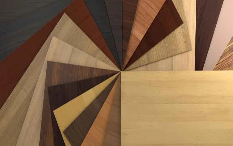 Close-up of laminate sheet color and pattern options for a plywood substrate