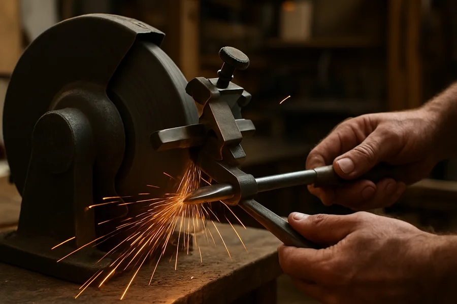 A sharpening jig holding a lathe gouge against a bench grinder wheel A sharpening jig holding a lathe gouge against a bench grinder wheel