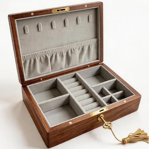 LIGNUMLOQU solid black walnut wooden jewelry box with brass hinges, lock and key, open showing velvet interior