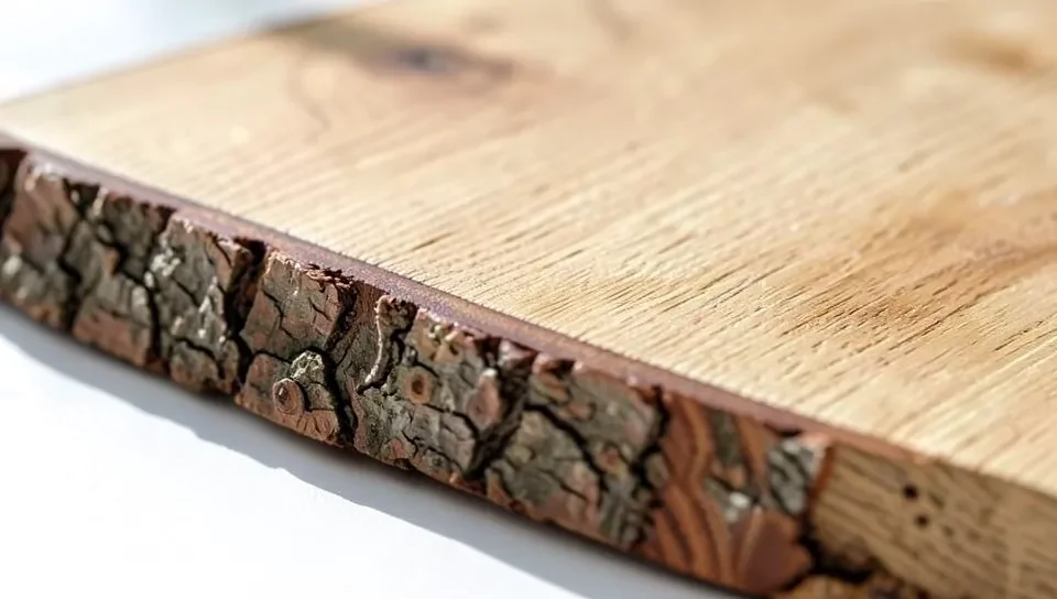 Close-up of a live edge ash slab showing the natural bark edge