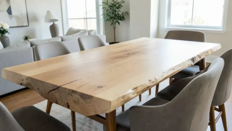 Live edge ash slab table showing pale sapwood and grain contrast