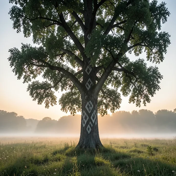 A large mature ash tree standing alone in a misty meadow at dawn A large mature ash tree standing alone in a misty meadow at dawn