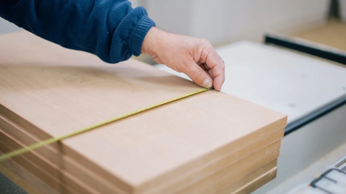Woodworker measuring a stack of hardwood boards with a tape measure