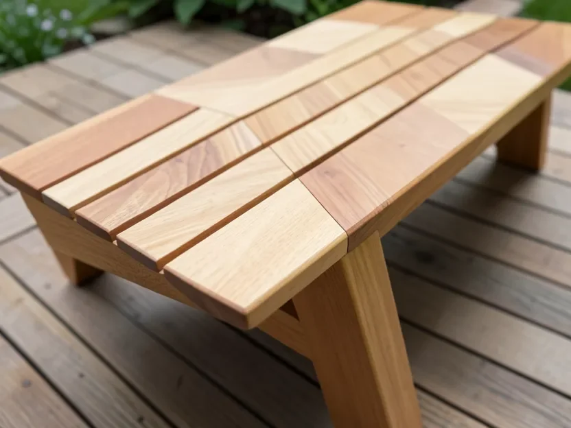 Modern chevron-pattern cedar bench on an outdoor wood deck