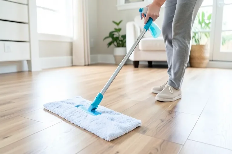 Mopping luxury vinyl plank flooring with a microfiber mop to restore its shine