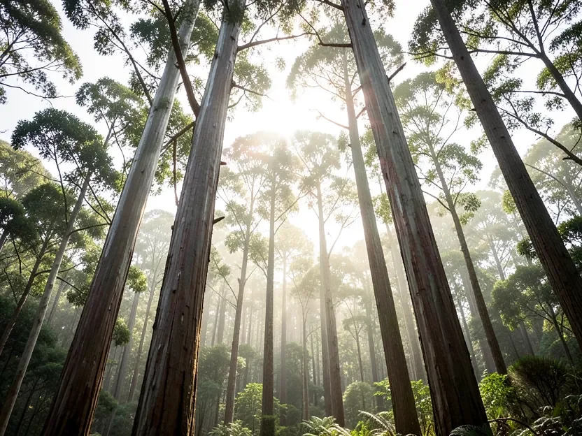 Tall mountain ash eucalyptus regnans trees in a Tasmanian forest