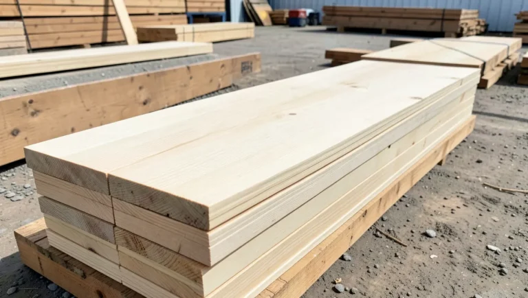 Freshly milled pale mountain ash eucalyptus timber boards stacked in a lumber yard