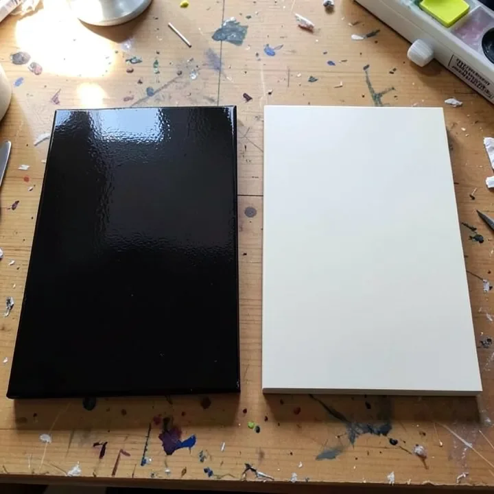side by side comparison of a glossy oil-painted panel and a matte latex-painted panel