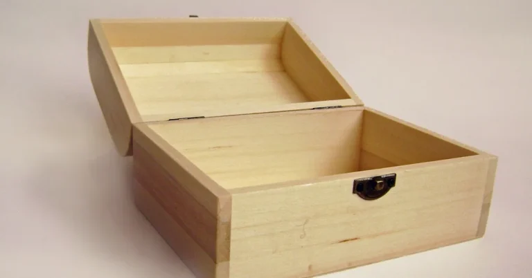 Open unfinished wooden box showing the lid hinge line