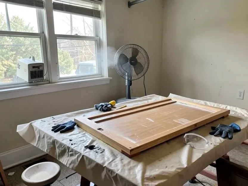 A well-ventilated garage workspace set up for stripping paint from a cabinet door, with a box fan in the window