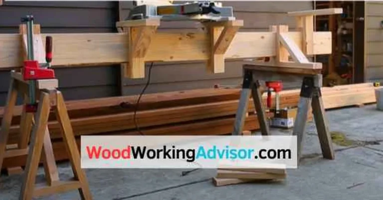Portable DIY miter saw stand base built from sawhorses and lumber ready for wheels
