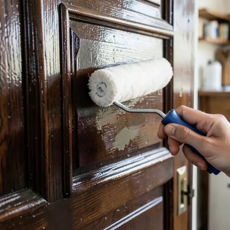 rolling bonding primer over a glossy oil-painted door before latex topcoat