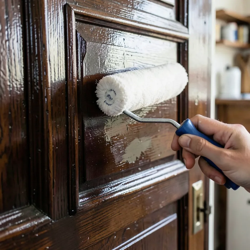 rolling bonding primer over a glossy oil-painted door before latex topcoat