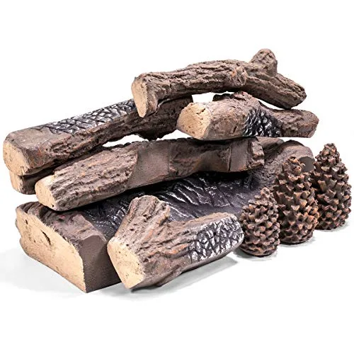 Barton 9 piece ceramic realistic wood log set pine wood style stackable gas fireplace