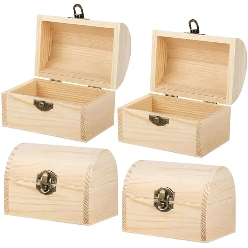 Aodaer 4 piece unfinished wood treasure chest pine box with hinged lid and locking clasp