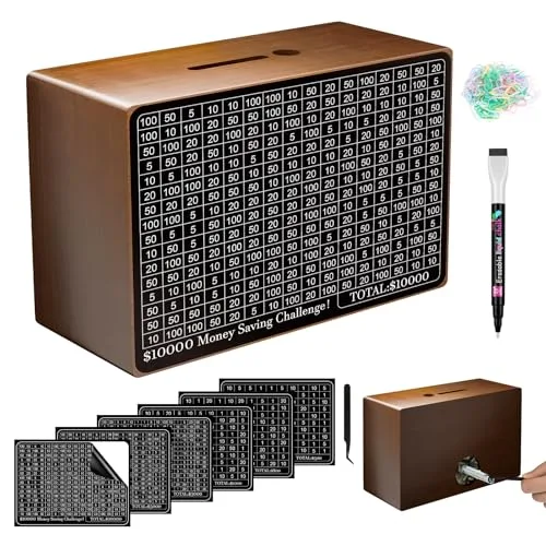 Wooden money saving box cash vault savings box with counter and dry erase tracker brown