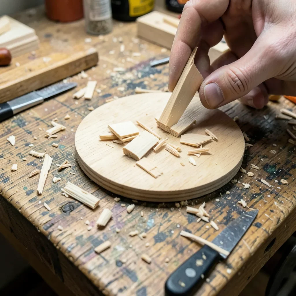 Small wood scrap pieces being assembled into a handmade project