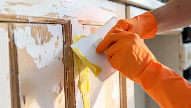 Person in orange nitrile gloves scraping citrus paint stripper gel off a wood cabinet door