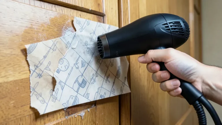 Heating contact paper before peeling it off a wood surface