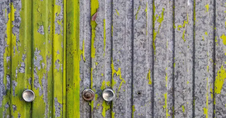 Peeling paint on corrugated galvanized metal panel showing adhesion failure without primer
