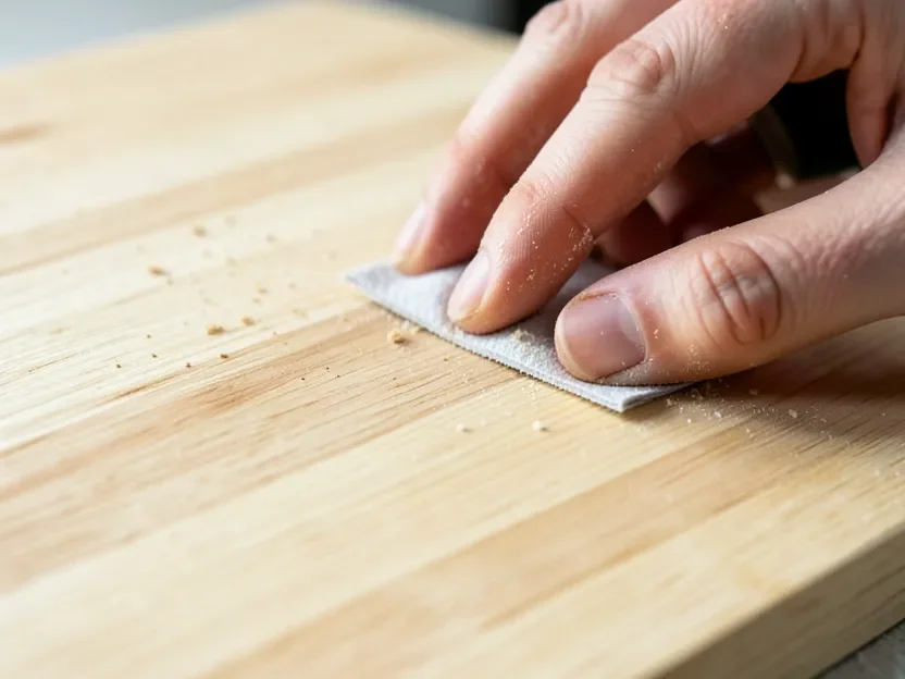 Hand sanding raised wood grain on walnut wood after bleaching with fine-grit sandpaper