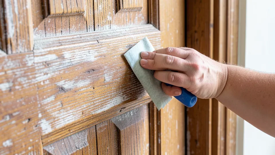 Sanding a repaired wood door surface