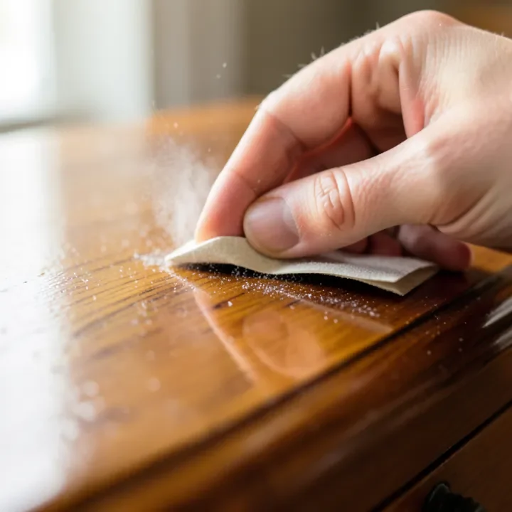 hand scuff-sanding a glossy oil-painted surface with fine sandpaper