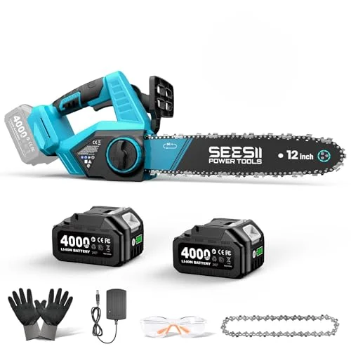 SEESII 12-inch cordless chainsaw with brushless motor and two batteries