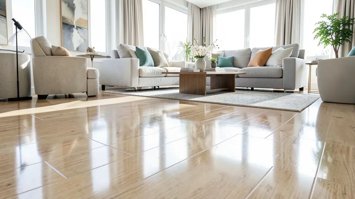 A glossy, freshly cleaned luxury vinyl plank floor in a bright living room