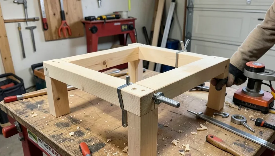 Wood shoe bench frame assembled with pocket screws, clamps holding joints