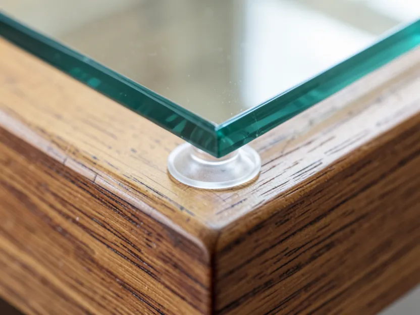 Close-up of a clear silicone bumper pad supporting a glass table top corner above a wood base