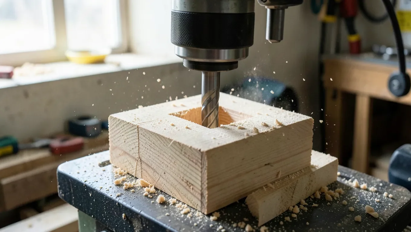 A hollow chisel mortiser boring a square hole in wood