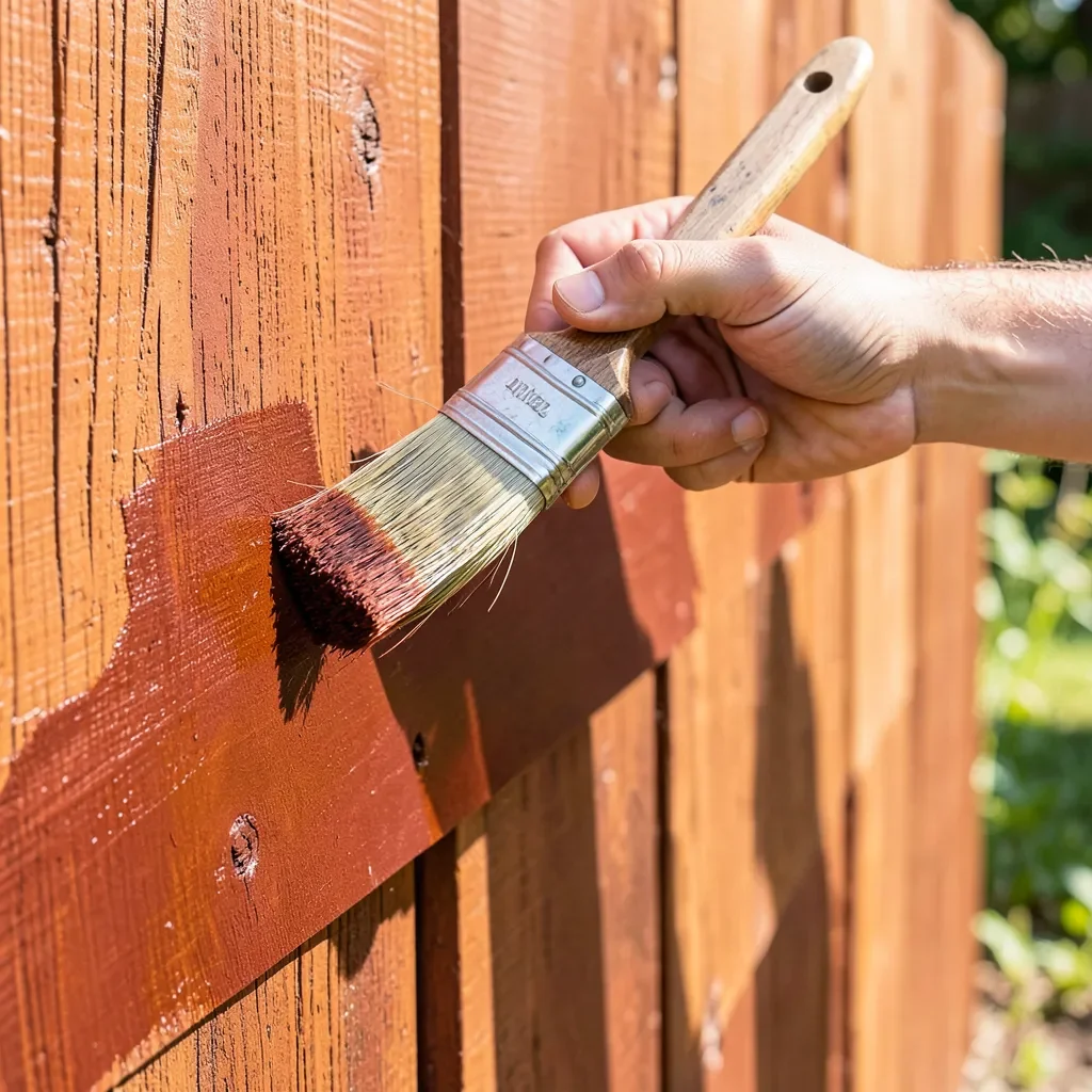 Applying stain to a cedar fence panel with a brush