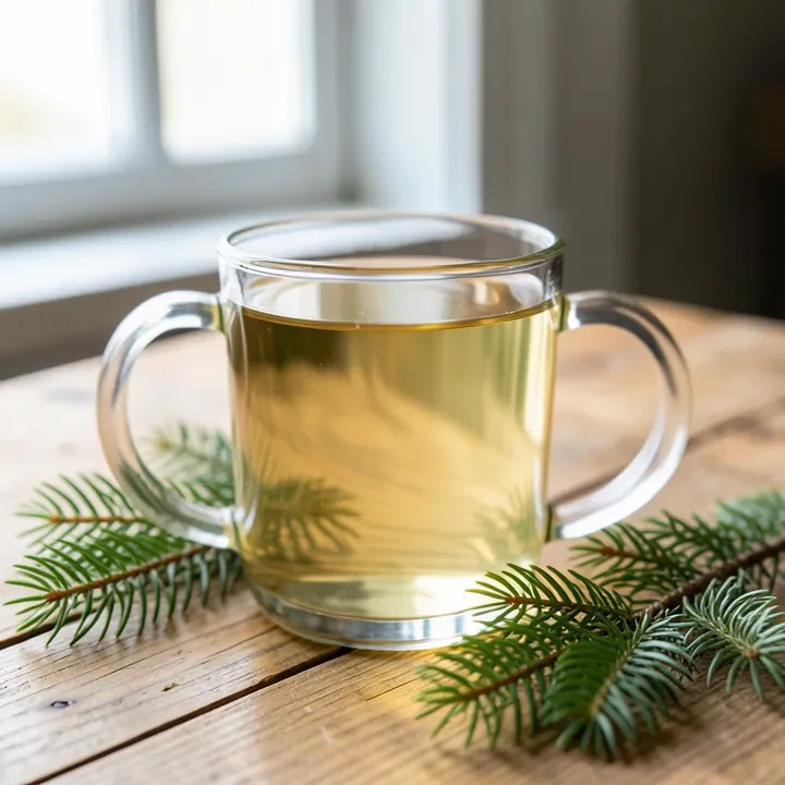 glass mug of pale herbal tea next to fresh evergreen conifer sprigs
