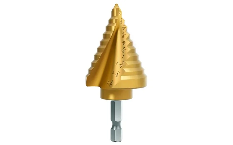 Titanium step drill bit showing hole-size markings etched at each step Titanium step drill bit showing hole-size markings etched at each step