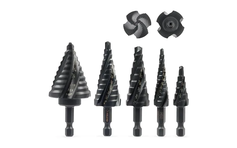 Set of five spiral-flute titanium step drill bits in graduated sizes Set of five spiral-flute titanium step drill bits in graduated sizes