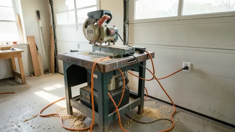 Jobsite table saw plugged into a heavy-duty extension cord in a home workshop