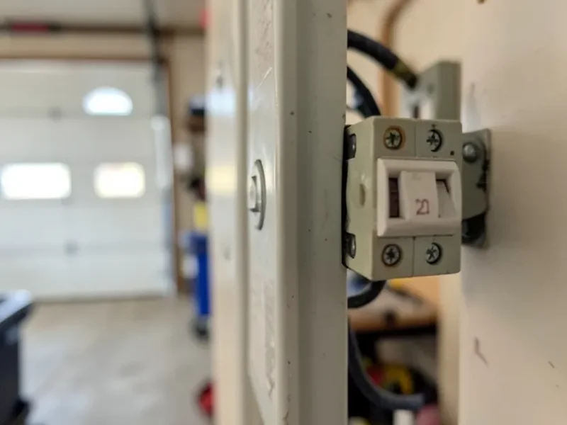 20-amp circuit breaker in a home electrical panel for a dedicated table saw circuit